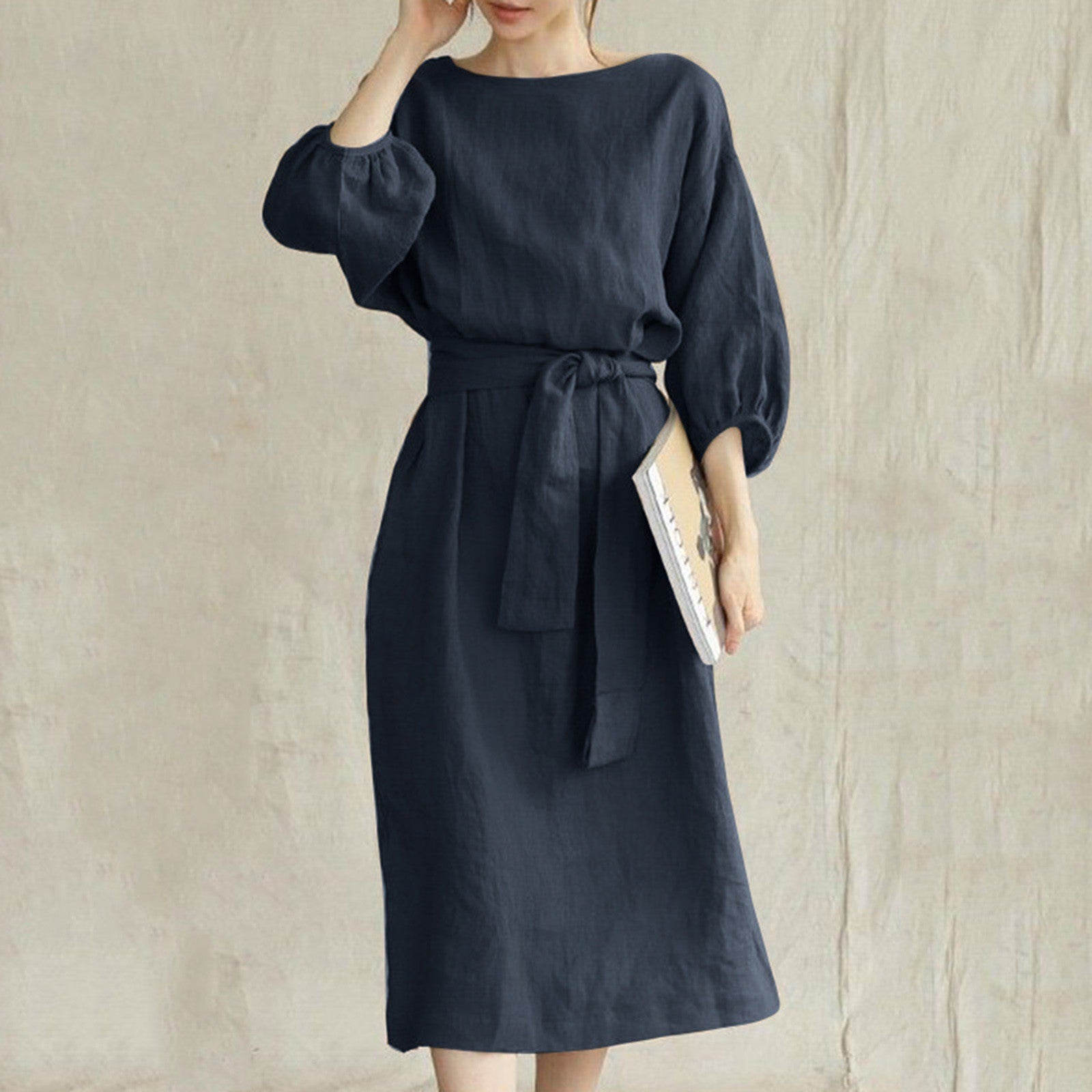 Women's Vintage Cotton Linen Dress - Long Sleeve, High-Waisted, Tie Waist, Elegant Round Neck Vestidos