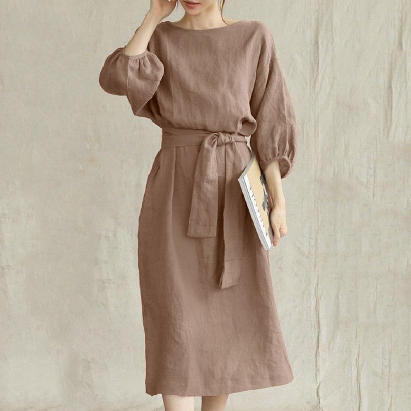 Women's Vintage Cotton Linen Dress - Long Sleeve, High-Waisted, Tie Waist, Elegant Round Neck Vestidos