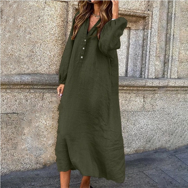 Women's Autumn Cotton Linen V-Neck Dress - Long Sleeve, Button-Up, Loose & Stylish Casual Wear