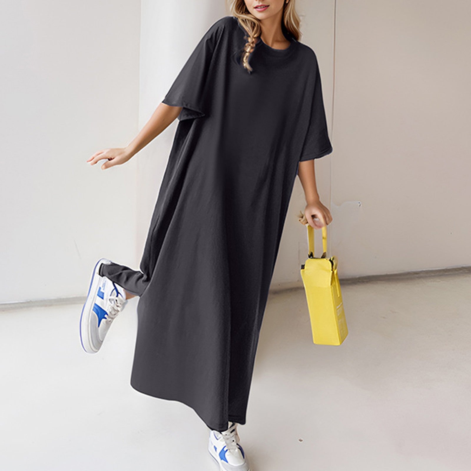 Loose Casual Cotton Shirt Dress - Solid Color, Oversized Short Sleeve Summer Loungewear