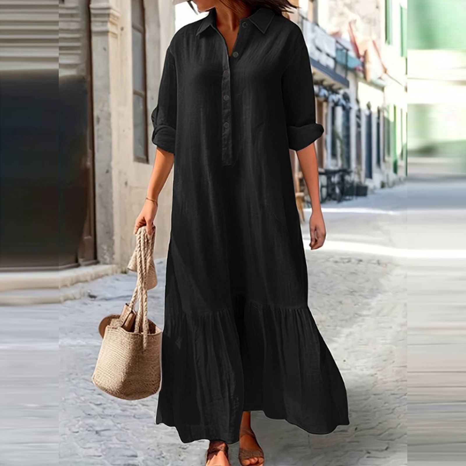 2024 Summer Cotton Linen Loose Shirt Dress - Black Oversized Long Sleeve Casual Elegance