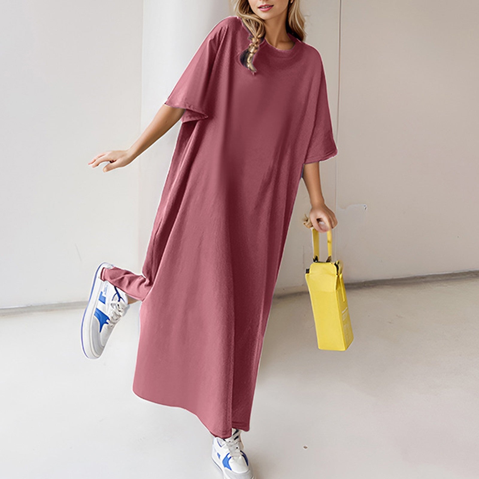 Loose Casual Cotton Shirt Dress - Solid Color, Oversized Short Sleeve Summer Loungewear