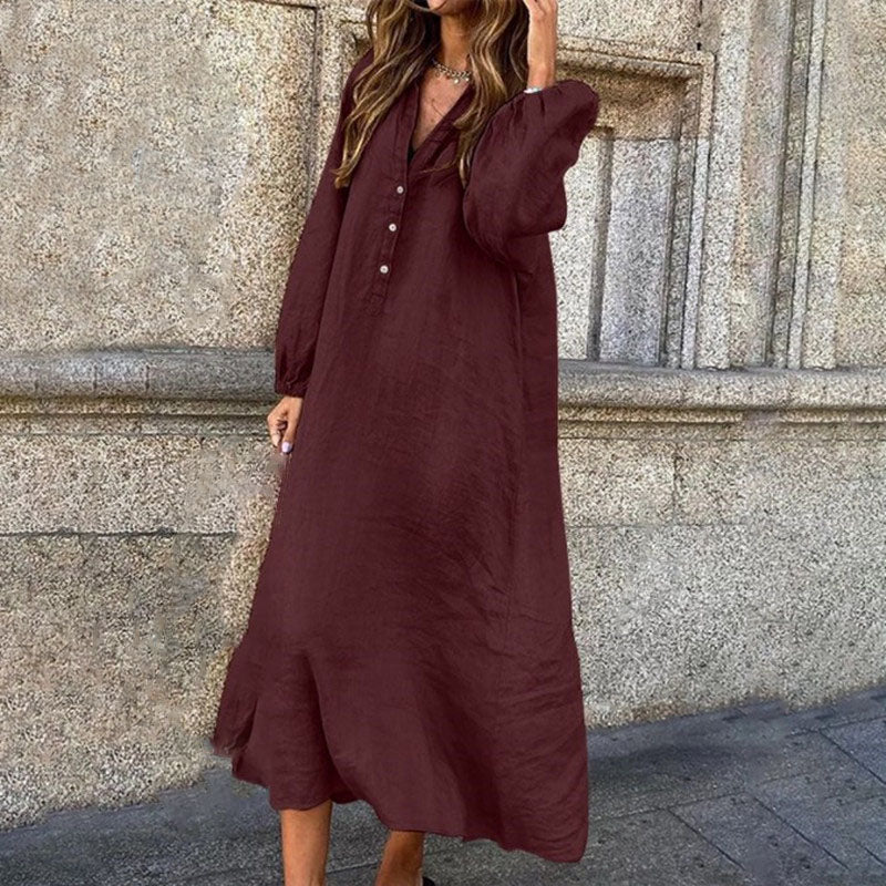 Women's Autumn Cotton Linen V-Neck Dress - Long Sleeve, Button-Up, Loose & Stylish Casual Wear