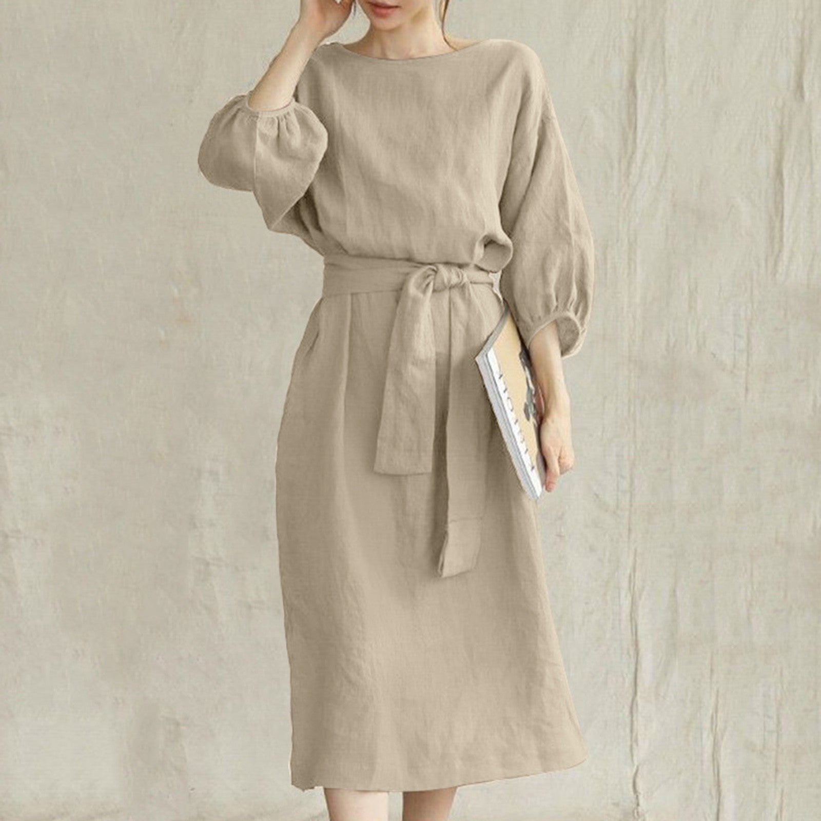 Women's Vintage Cotton Linen Dress - Long Sleeve, High-Waisted, Tie Waist, Elegant Round Neck Vestidos